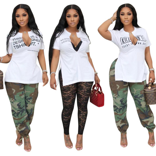 Summer Letter Print Short Sleeve Slit top