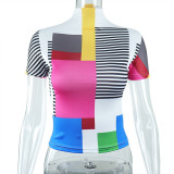 Street hipster half turtleneck women's short-sleeved geometric print slim t-shirt
