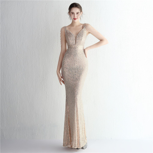 Women Sequined V-Neck Long Evening Dress