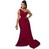 Women Fashion Solid Party One Shoulder Sleeve Dress Long Dress