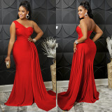 Women Fashion Solid Party One Shoulder Sleeve Dress Long Dress