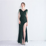 Women Sequined Beaded Slit Short Sleeve Sequined Long Fishtail Dress