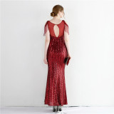 Women Symphony Sequin Strapless Short Sleeve Sequin Long Fishtail Evening Dress