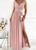 Women sleeveless lace backless slit dress