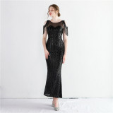 Women Symphony Sequin Strapless Short Sleeve Sequin Long Fishtail Evening Dress