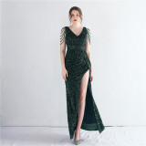 Women Big Beaded Beaded Slit Short Sleeve Sequined Long Fishtail Evening Dress
