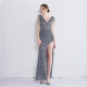 Women Sequined Beaded Slit Short Sleeve Sequined Long Fishtail Dress