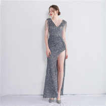 Women Sequined Beaded Slit Short Sleeve Sequined Long Fishtail Dress Women Sequined Beaded Slit Short Sleeve Sequined Long Fishtail Dress