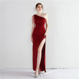 Women Beaded One Shoulder Dinner Slim Long Mermaid Dress Exhibition Evening Dress