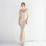 Women Symphony Sequin Strapless Short Sleeve Sequin Long Fishtail Evening Dress