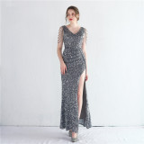 Women Big Beaded Beaded Slit Short Sleeve Sequined Long Fishtail Evening Dress