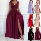 Women sleeveless lace backless slit dress