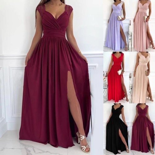 Women sleeveless lace backless slit dress