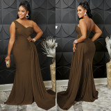 Women Fashion Solid Party One Shoulder Sleeve Dress Long Dress