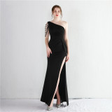 Women Beaded One Shoulder Dinner Slim Long Mermaid Dress Exhibition Evening Dress