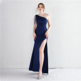 Women Beaded One Shoulder Dinner Slim Long Mermaid Dress Exhibition Evening Dress