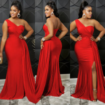 Women Fashion Solid Party One Shoulder Sleeve Dress Long Dress