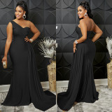 Women Fashion Solid Party One Shoulder Sleeve Dress Long Dress