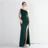 Women Beaded One Shoulder Dinner Slim Long Mermaid Dress Exhibition Evening Dress