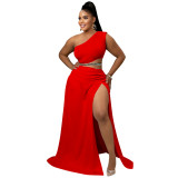 Womens Plus Size Set Solid Slash Shoulder Sexy Slit Chic Two Piece Skirt Set