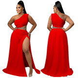 Womens Plus Size Set Solid Slash Shoulder Sexy Slit Chic Two Piece Skirt Set