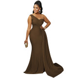 Women Fashion Solid Party One Shoulder Sleeve Dress Long Dress