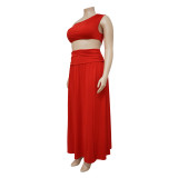 Womens Plus Size Set Solid Slash Shoulder Sexy Slit Chic Two Piece Skirt Set