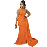 Women Fashion Solid Party One Shoulder Sleeve Dress Long Dress
