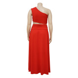 Womens Plus Size Set Solid Slash Shoulder Sexy Slit Chic Two Piece Skirt Set