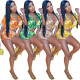 Women's Summer High Stretch Fabric Print Shirt Cropped Two Piece Shorts Set