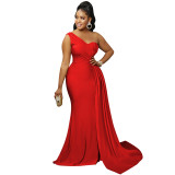 Women Fashion Solid Party One Shoulder Sleeve Dress Long Dress