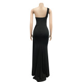 Women Fashion Solid Party One Shoulder Sleeve Dress Long Dress