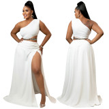 Womens Plus Size Set Solid Slash Shoulder Sexy Slit Chic Two Piece Skirt Set