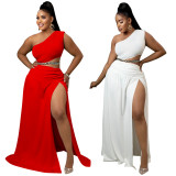 Womens Plus Size Set Solid Slash Shoulder Sexy Slit Chic Two Piece Skirt Set