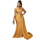 Women Fashion Solid Party One Shoulder Sleeve Dress Long Dress