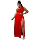 Womens Plus Size Set Solid Slash Shoulder Sexy Slit Chic Two Piece Skirt Set