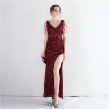 Women Big Beaded Beaded Slit Short Sleeve Sequined Long Fishtail Evening Dress
