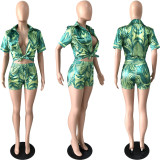 Women's Summer High Stretch Fabric Print Shirt Cropped Two Piece Shorts Set