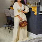 Summer V-Neck Sexy Lace-Up Pleated Wide Leg Plus Size Jumpsuit