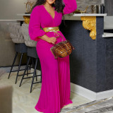 Summer V-Neck Sexy Lace-Up Pleated Wide Leg Plus Size Jumpsuit