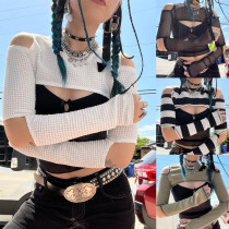 Women Black & White Striped Long Sleeve Crop Top Women Black & White Striped Long Sleeve Crop Top