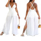 Women Sexy Deep V Neck RuffleEdge Chiffon Wide Leg Jumpsuit