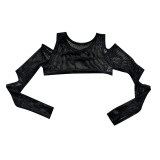 Women Black & White Striped Long Sleeve Crop Top