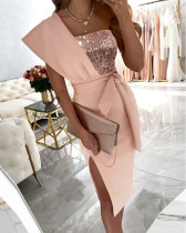 Women One Shoulder Slit Dress Ruffle Sleeve Sequin Party Dress Women One Shoulder Slit Dress Ruffle Sleeve Sequin Party Dress