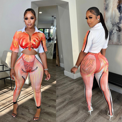 Fashion Two Piece Summer Print Chic Sweet Short Sleeve Pants Set