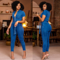 Women'S Sexy Fashion Short Sleeve Zip Slim Fit Denim Jumpsuit Women'S Sexy Fashion Short Sleeve Zip Slim Fit Denim Jumpsuit