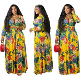 Women'S Sexy V-Neck Floral Printed Plus Size Long Sleeve Slit Maxi Dress