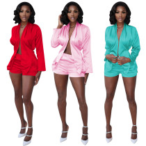 Women'S Clothing Fashion Casual Solid Color Long Sleeve Two Piece Shorts Set