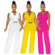 Women'S Fashion Solid Color Loose Slim Fit Casual Sleeveless Jumpsuit With Belt