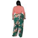 Women'S Plus Size Solid Color Tie Top Floral Print Loose Pants Two Piece Set
